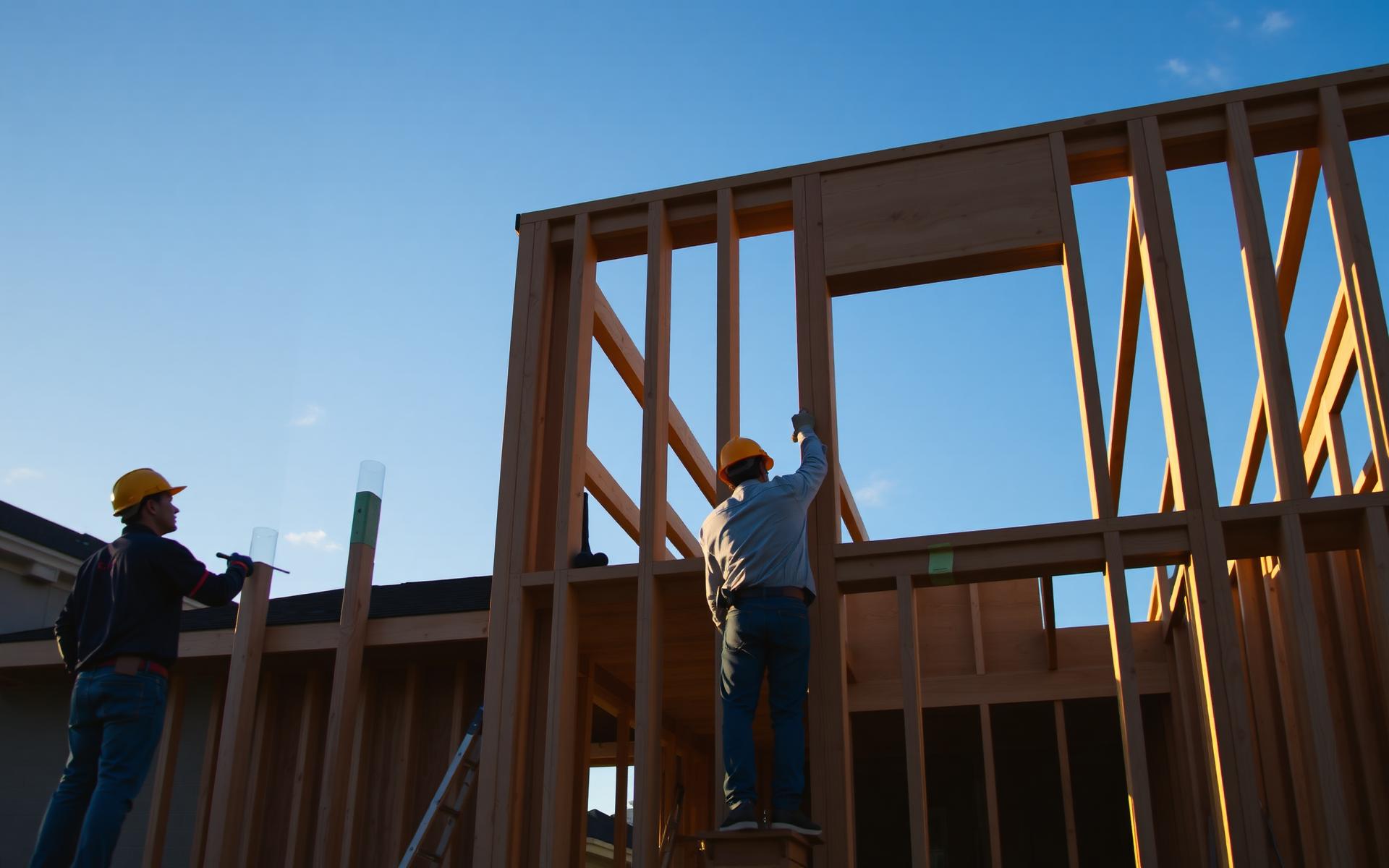 Construction crew framing a Houston residential home at golden hour